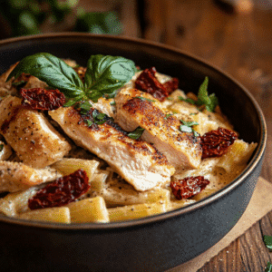 Marry Me Chicken Pasta recipe served in rustic bowl