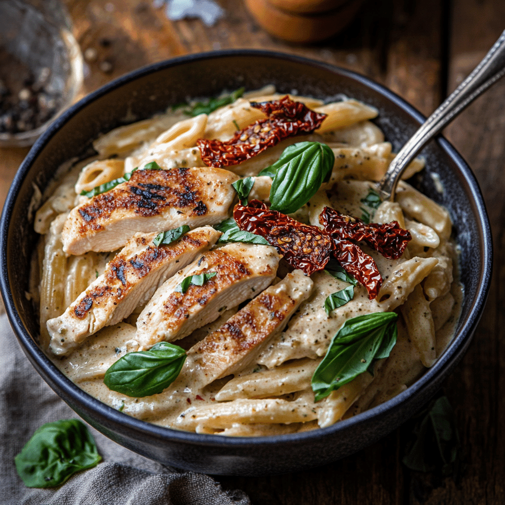Marry Me Chicken Pasta recipe served in rustic bowl