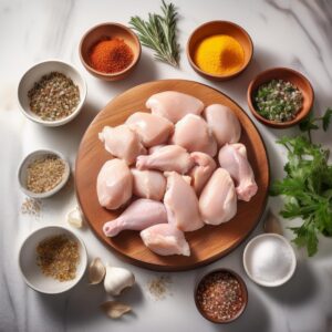 Frozen chicken pieces being prepared for cooking on a cutting board.