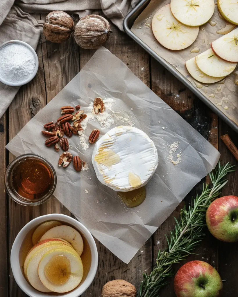 Flat lay of brie cheese, puff pastry sheet, honey, pecans, fresh rosemary, and apple slices on a rustic kitchen table.

