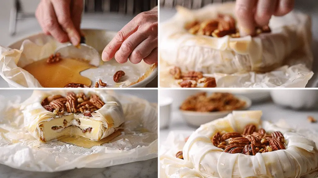 Four-step process of making baked brie: unwrapping brie, adding honey and pecans, wrapping in puff pastry, and slicing into the golden baked cheese.

