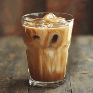 Tahini Iced Coffee in glass with sesame swirl