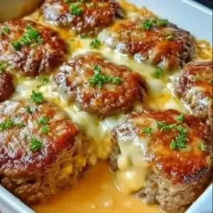 Amish Hamburger Steak Bake served on a plate with fresh herbs and side dishes.