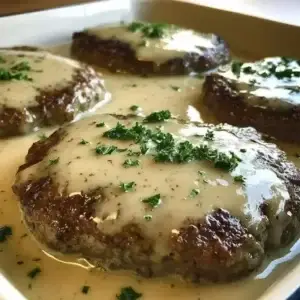 Delicious Amish Hamburger Steak Bake topped with flavorful gravy and served with sides.